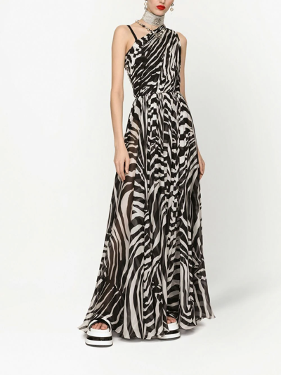 Dolce & Gabbana One-shoulder Zebra Print Silk Chiffon Gown In Black