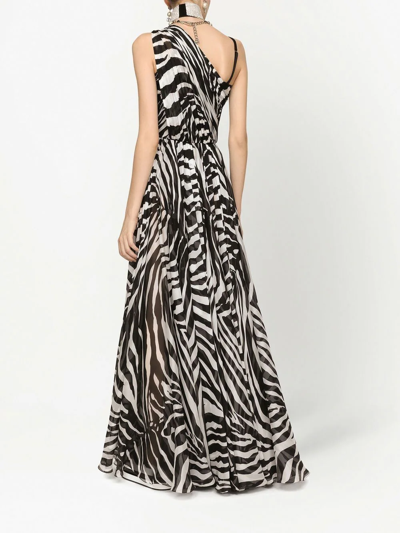 Dolce & Gabbana One-shoulder Zebra Print Silk Chiffon Gown In Black