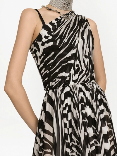 Dolce & Gabbana One-shoulder Zebra Print Silk Chiffon Gown In Black
