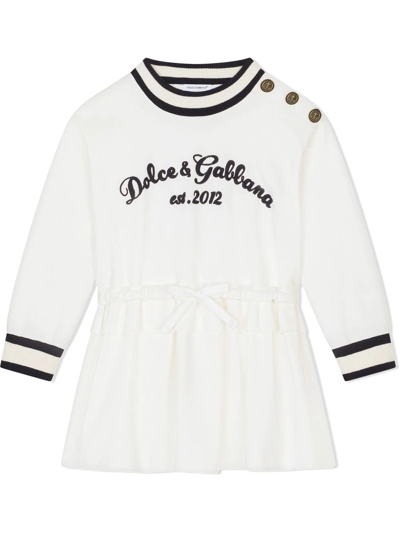 Shop Dolce & Gabbana Logo-print Long-sleeve Dress In White
