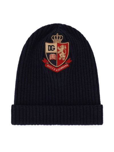 Shop Dolce & Gabbana Heraldic-patch Ribbed Knit Hat In Blue