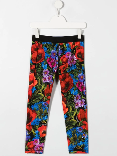 Shop Dolce & Gabbana Floral-print Logo-waist Leggings In Red