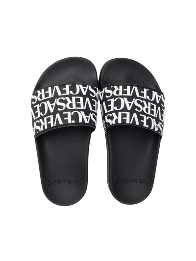 Shop Versace Logo-print Slides In Black