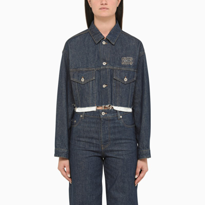 Shop Miu Miu Cropped Blue Denim Jacket With Embroidery