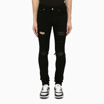 Shop Amiri Black Skinny Jeans With Leather Patches