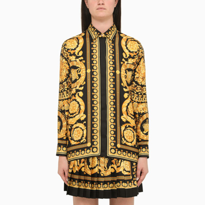 Shop Versace | Gold And Black Printed Silk Shirt In ["multicolor"/ "print"/ "yellow"]