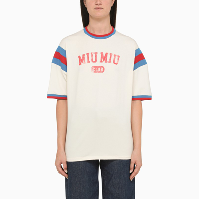 Shop Miu Miu White Crew Neck T-shirt With Logo In Multicolor