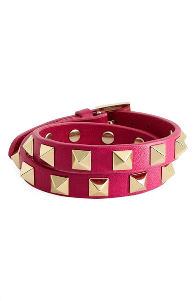 Shop Valentino Rockstud Leather Double Wrap Bracelet In Rose Violet