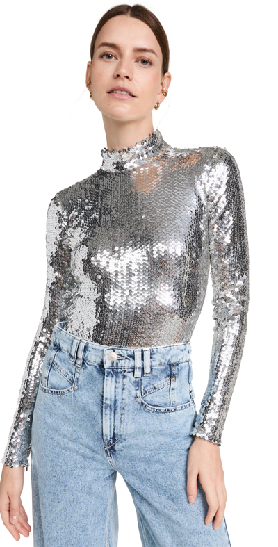 Shop Brandon Maxwell Mirror Paillette Long Sleeve Sequin Bodysuit In Silver