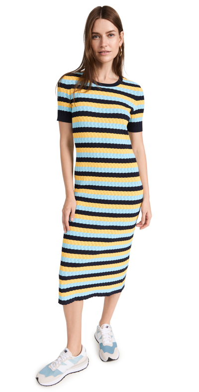 Shop Jason Wu Striped Viscose Knit Short Sleeve Dress In Navy/yellow/harbor Blue