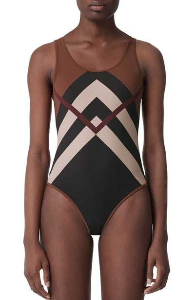 Shop Burberry Cleddau Kissing Check One-piece Swimsuit In Dark Birch Brown Pat