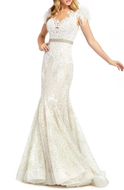 Shop Mac Duggal Illusion Sequin Lace Feather Sleeve Mermaid Gown In Ivory Nude