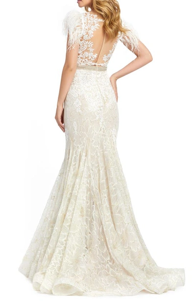 Shop Mac Duggal Illusion Sequin Lace Feather Sleeve Mermaid Gown In Ivory Nude