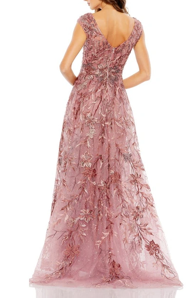 Shop Mac Duggal Floral Embroidered V-neck Tulle Ballgown In Cinnamon