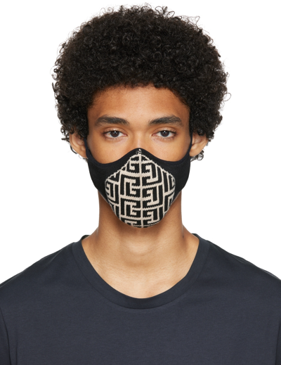 Shop Balmain Off-white & Black Monogram Mask In Edk Noir/ivoire