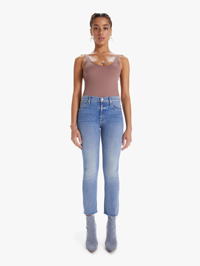 Shop Mother The Mid Rise Dazzler Crop Fray Blowing Kisses Jeans In Blue