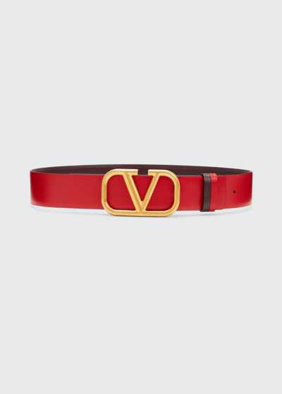 Shop Valentino Vlogo Reversible Box Leather Belt In Rubin Rouge