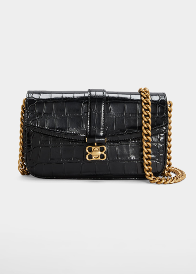 Shop Balenciaga Lady Xs Flap Shiny Croc-embossed Crossbody Bag In Black