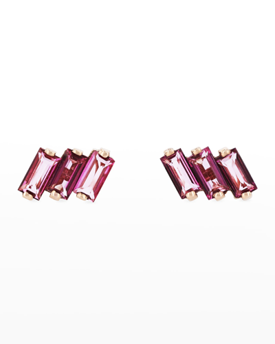 Shop Kalan By Suzanne Kalan 14k Rose Gold Three Baguette Earrings With Baguette-cut Pink Topaz In Rg