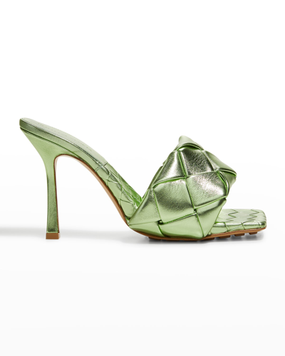 Shop Bottega Veneta Lido Metallic Woven Mule Sandals In Pistachio