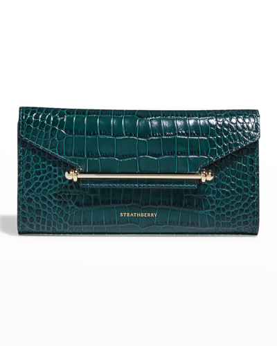 Strathberry Multrees Croc-embossed Flap Wallet On Chain In Bottle Green