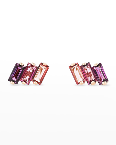 Shop Kalan By Suzanne Kalan 14k Rose Gold Three Baguette Earrings With Baguette-cut Stones, Pink In Rg