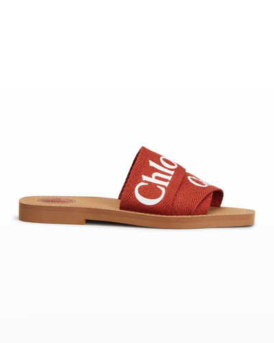 Shop Chloé Woody Flat Logo Ribbon Slide Sandals In Terracotta Red