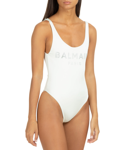 Shop Balmain Swimsuit In Ivory