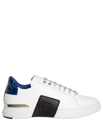 Shop Philipp Plein Hexagon Lo - Top Leather Sneakers In White - Middle Blue