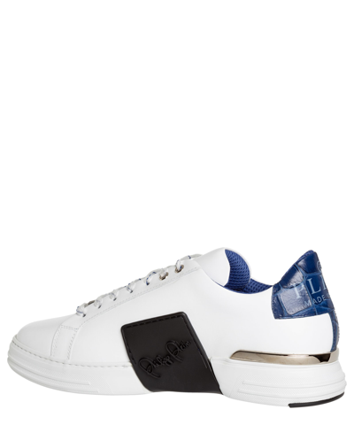Shop Philipp Plein Hexagon Lo - Top Leather Sneakers In White - Middle Blue
