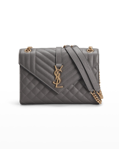Shop Saint Laurent Envelope Triquilt Medium Ysl Shoulder Bag In Grained Leather In Storm