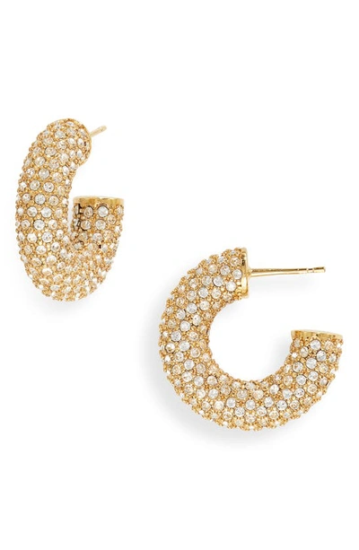 Shop Amina Muaddi Mini Cameron Hoop Earrings In White Crystals & Gold Base