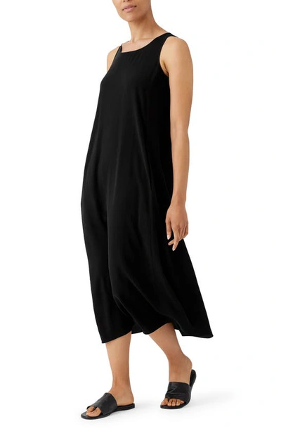 Shop Eileen Fisher Scoop Neck Silk Georgette Midi Dress In Black