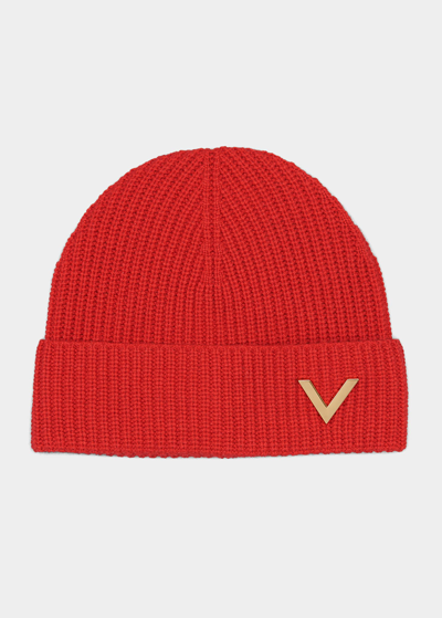 Shop Valentino Logo Ribbed Cashmere Beanie In Red