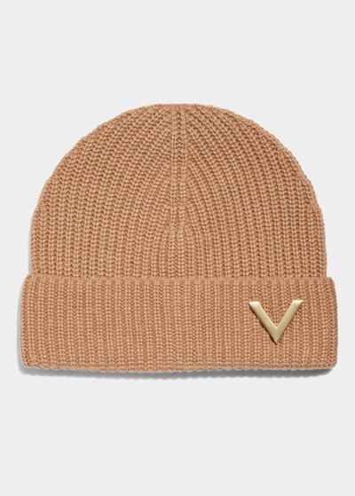 Shop Valentino Logo Ribbed Cashmere Beanie In Brown
