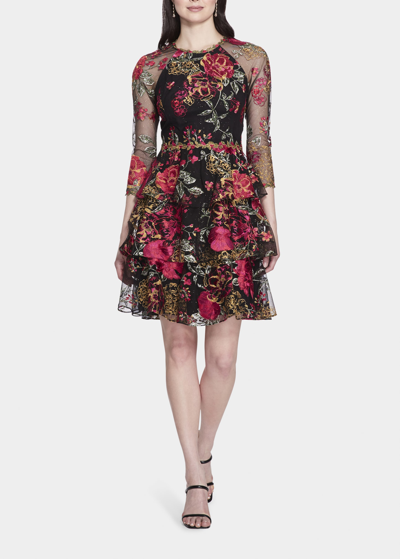 Shop Marchesa Notte Tiered Floral-embroidered Tulle Dress In Black
