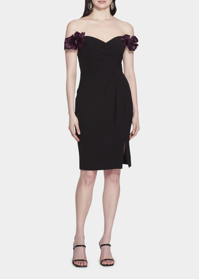 Shop Marchesa Notte Flower-applique Off-the-shoulder Draped Dress In Black