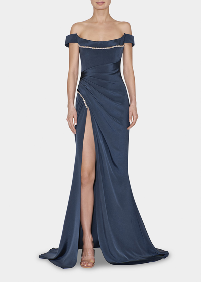Shop Reem Acra Crystal Draped Thigh-slit Gown In Teal