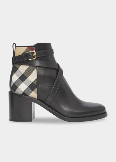 Shop Burberry Pryle Equestrian Check Ankle Booties In Black-archive Bei
