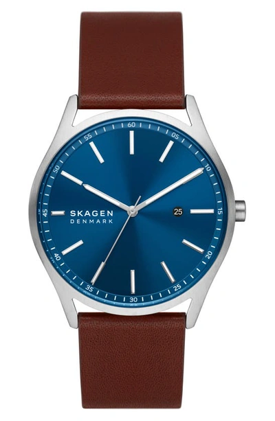 Shop Skagen Holst Leather Strap Watch, 42mm In Brown/silver