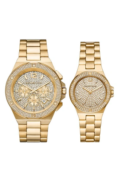 Shop Michael Kors Lennox Couples Pavé Crystal Bracelet Watch Gift Set, 45mm & 33mm In Gold