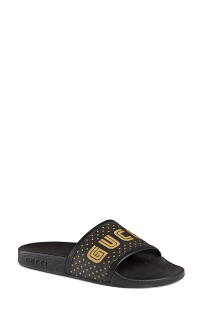 Shop Gucci Pursuit Guccy Logo Slide Sandal In Black