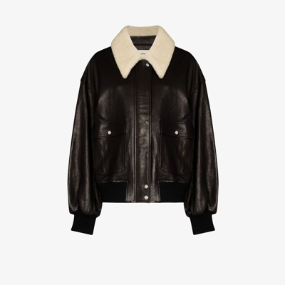 Khaite Shellar Shearling Collar Leather Aviator Jacket In Black