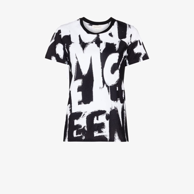 Shop Alexander Mcqueen White Graffiti Logo Print Cotton T-shirt In Black