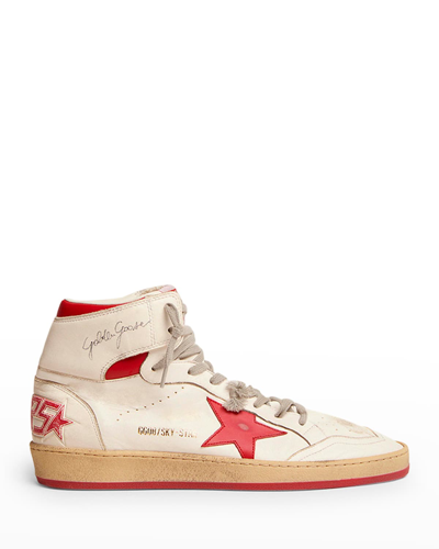 Shop Golden Goose Men's Sky-star Distressed Leather High Top Sneakers In White/red