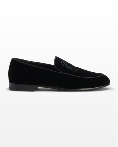 Shop Giorgio Armani Men's Velvet Ga-logo Formal Loafers In Black