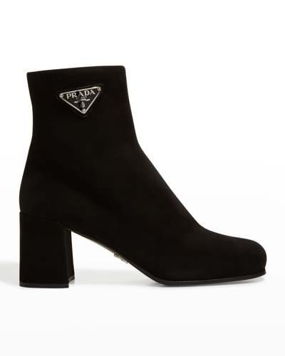 Shop Prada Suede Zip Ankle Booties In Nero