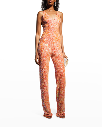 Shop Dress The Population Charlie Sleeveless Sequin V-neck Jumpsuit In Apricot Multi