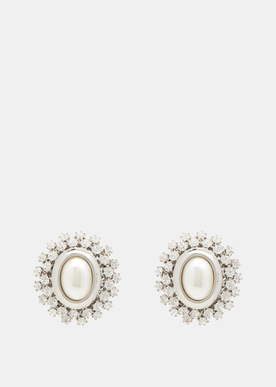 Shop Alessandra Rich Crystal & Pearl Oval Earrings In Crystal & Silver
