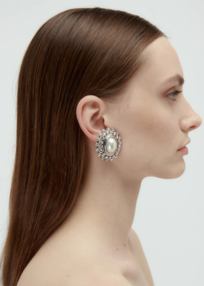 Shop Alessandra Rich Crystal & Pearl Oval Earrings In Crystal & Silver